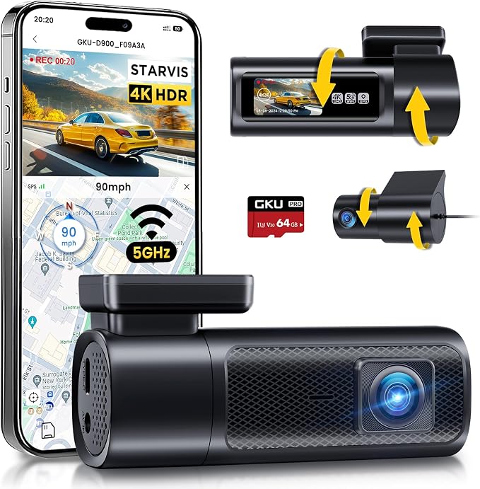 GKU Dash Cam Front and Rear, 4K 60fps＋2.5K Dashcam, STARVIS Sensor, 5G WiFi GPS by GKUdashcam