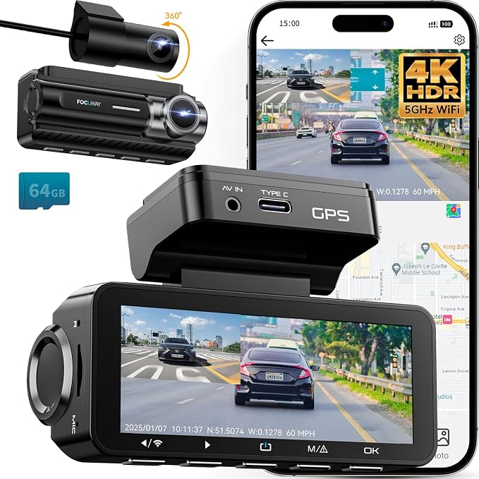 Dash Cam Front Rear 4K Built-in 5G WiFi GPS, Voice Control, 3.39 inch IPS Screen by SmartWitnessontheRoad