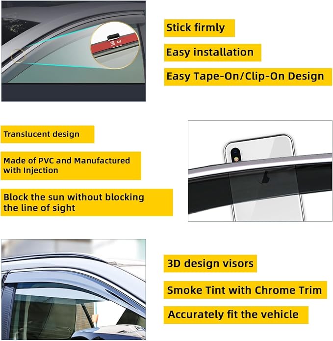 4pcs Smoke Tint with Chrome Trim Window Visors Compatible with Compatible with - Image 3