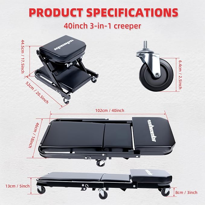 Mechanic Creeper 40inches 3-in-1 Z Seat 480lbs Capacity, Foldable Garage Chair - Image 3