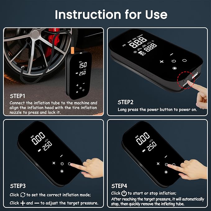 Tire Inflator Portable Air Compressor, 6X Faster 150 PSI 12000mAh Battery Air - Image 4