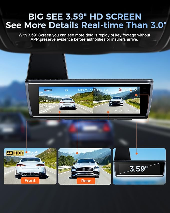 K600 4k Dash Cam Front and Rear, 3.59" IPS Screen, Built-in GPS 5G WiFi Dash - Image 4