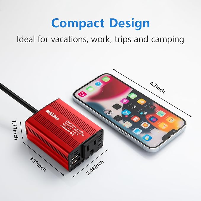 150W Power Inverter 12v to 110v Car Adapter Outlet to Wall Plug - Image 5