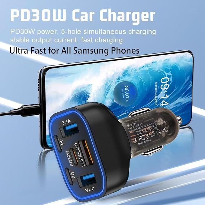 6 in 1 Multi Port USB C Car Charger Adapter PD 30W 6 Ports Super Fast Charging - Image 6