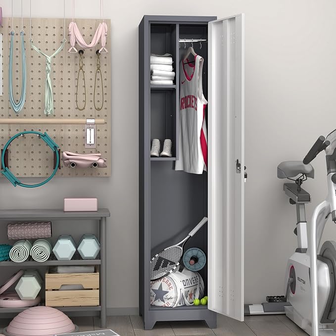 GREATMEET Slim Lockable Garage Storage Cabinet, Narrow Broom Storage Closet - Image 7