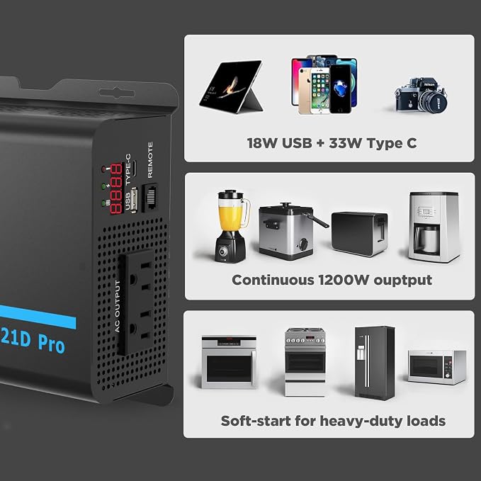 EDECOA Pure Sine Wave Inverter 1200W 12V DC to 110V AC Power Inverter - Image 8