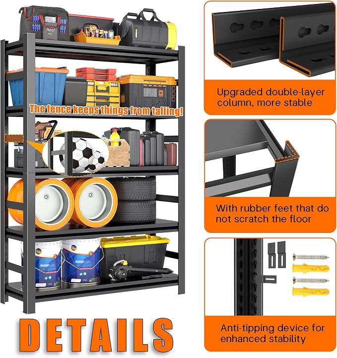 72"H Garage Shelving Heavy Duty Rack, 3500 LBS Large Capacity 5 Tier Adjustable - Image 4