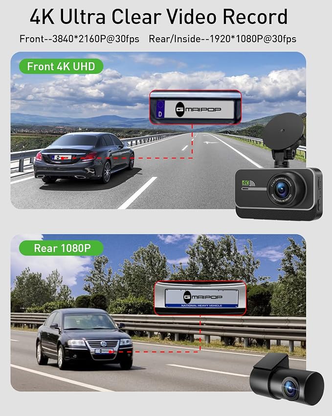 Dash Cam Front and Rear, 4K+1080P WiFi Dual Dash Camera - Image 2