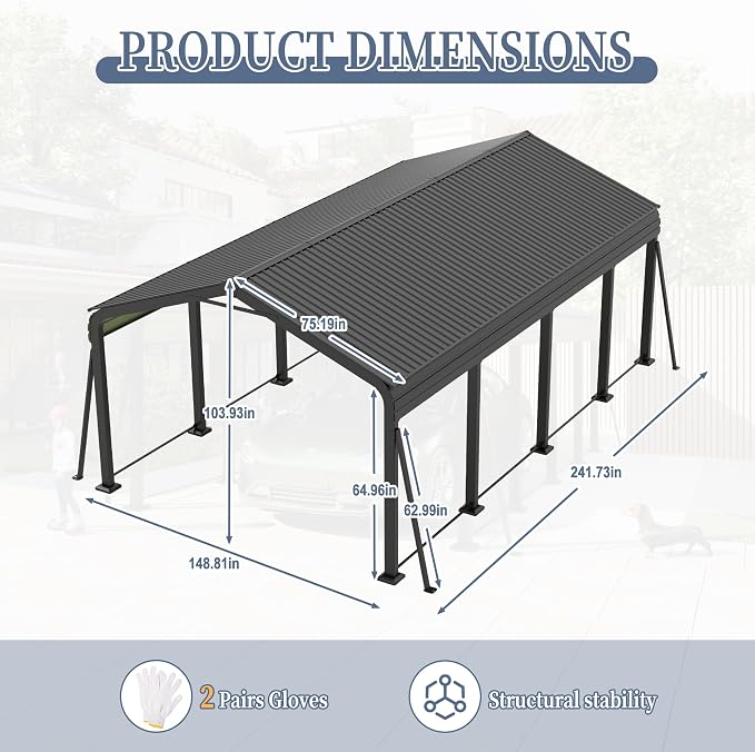 12x20 FT Metal Carport, Heavy Duty Car Port Canopy - Image 6