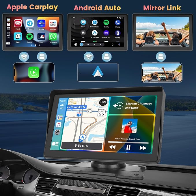Hikity Wireless Carplay Android Auto Portable Car Stereo 7 Inch Touchscreen Car - Image 2