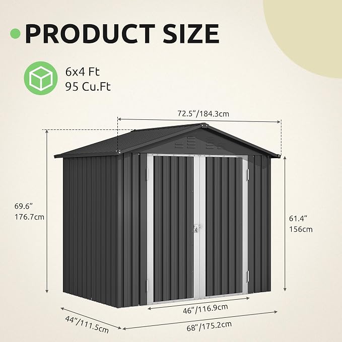 DWVO 6x4ft Storage Shed for Outdoors, Metal Sturdy Weatherproof Tool Locker - Image 8