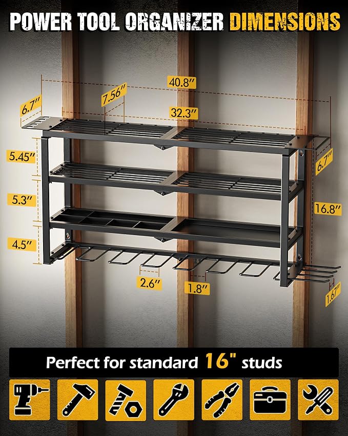 MAXIFFE 4 Layer Power Tool Organizer, 9 Drill Holder Heavy Duty Metal Wall - Image 6