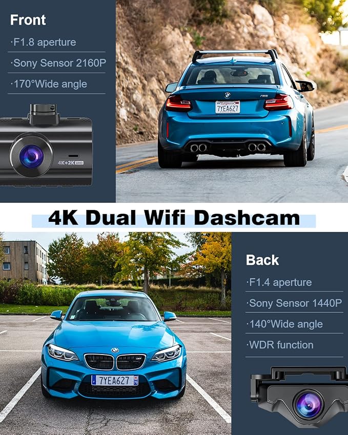 4K Dash Cam Front and Rear, Car Dash Camera Built-in WiFi GPS, Free 64GB Card - Image 2