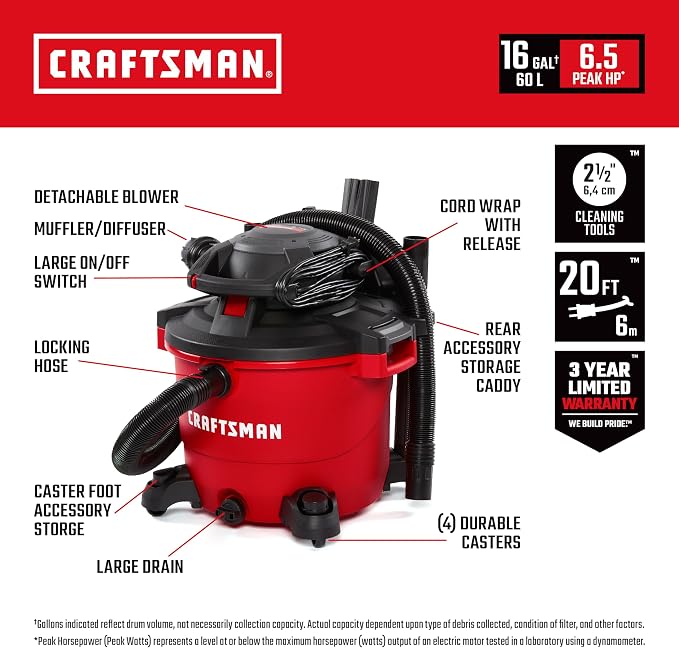 CRAFTSMAN CMXEVBE17607 16 Gallon 6.5 Peak HP Wet Dry Vac - Image 2