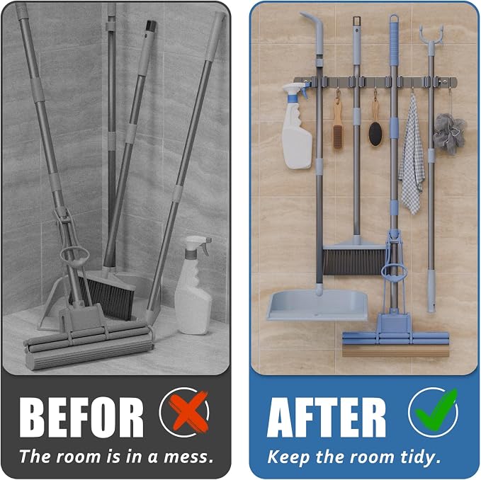 Wall Mounted Broom and Mop Organizer, Heavy Duty Stainless Steel Storage Rack - Image 6