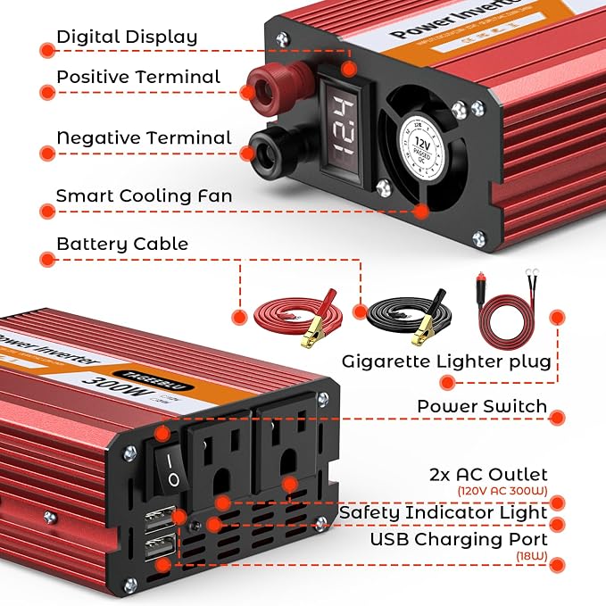 300W Power Inverter DC 12V to 110V AC Car Inverter - Image 7