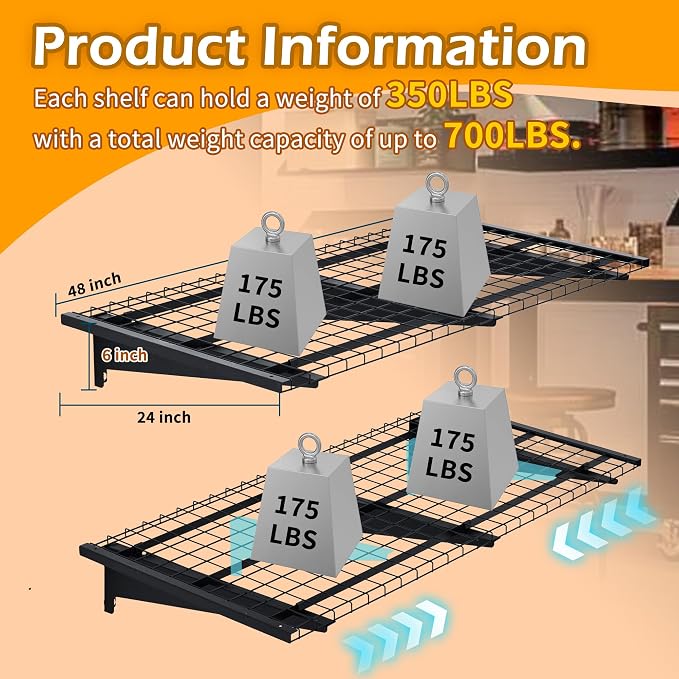 Garage Wall Shelving, Loads 700 lbs 24-inch-by-48-inch Heavy Duty Wall Shelves - Image 2