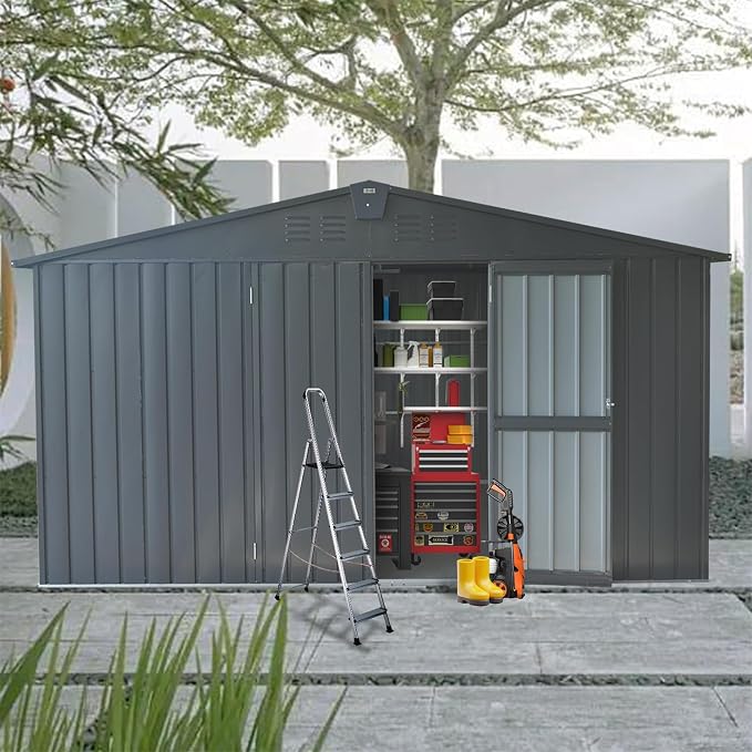 IKERY Large Galvanized Steel Storage Shed 11' x 9' - Image 8