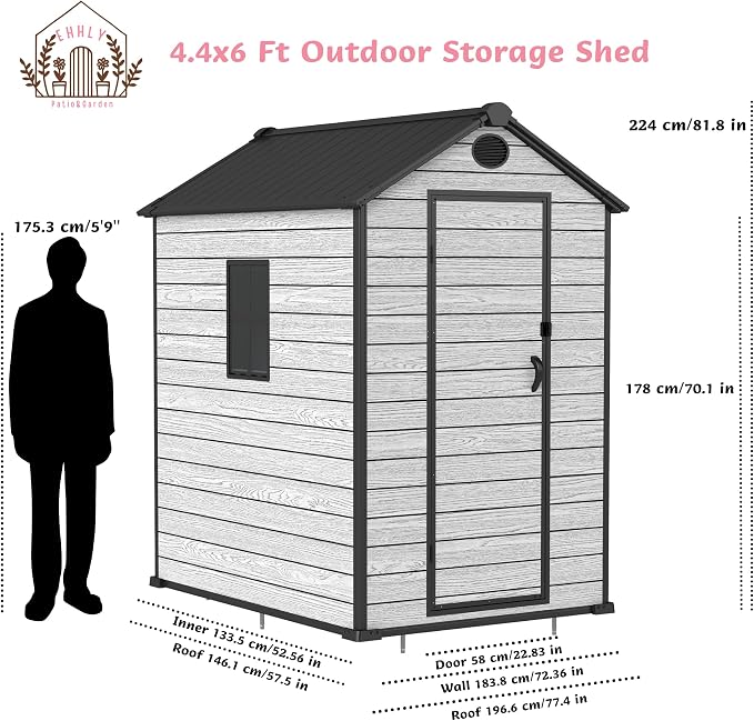 4.4x6 FT Resin Outdoor Storage Shed Large, 230 Cuft Garden Tool Sheds & Outdoor - Image 4