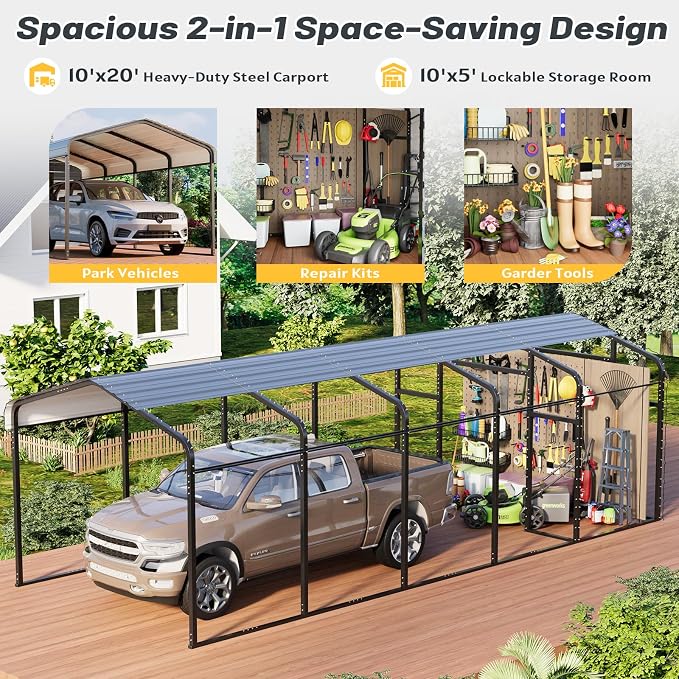 EROMMY 10x25 FT Carport Storage Shed 2-in-1, Heavy Duty Car Port - Image 3