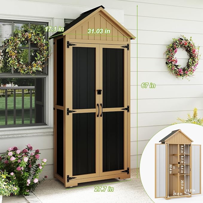 Outdoor Storage Cabinet with Shelf, Wood & Metal Storage Shed with Lockable - Image 2