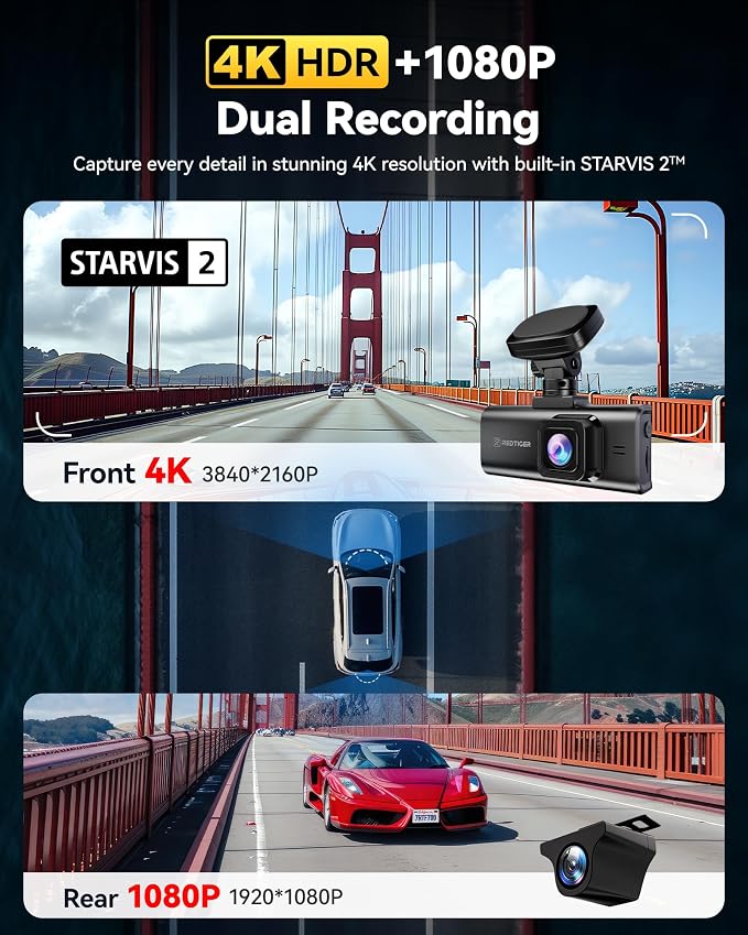 REDTIGER 4K HDR Dash Cam Front and Rear, STARVIS 2 Sensor, 5.8GHz WiFi APP - Image 2