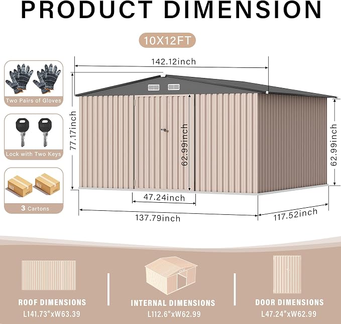 10X12FT Outdoor Metal Storage Shed, Lockable Weatherproof Garden Shed - Image 2