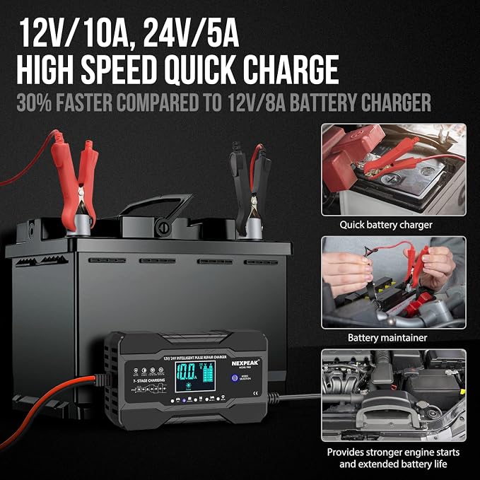 NEXPEAK 10-Amp Car Battery Charger, 12V and 24V Smart Fully Automatic Battery - Image 2