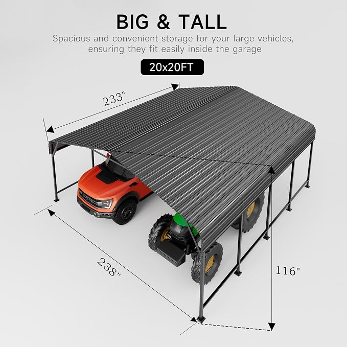 20x20 FT Metal Carport, Enhanced Base and Steel Roof - Image 5