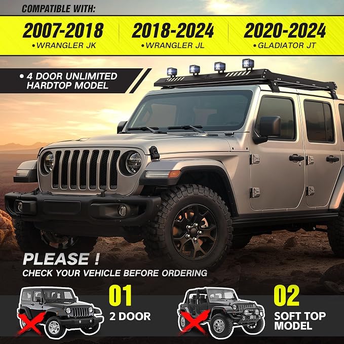 Roof Rack Cargo Basket with 4 PCS LED Light Bar Compatible with 2007-2024 Jeep - Image 2