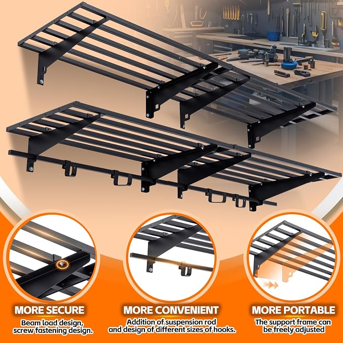 Garage Wall Shelving with Hooks, Loads 1050 lbs Heavy Duty Wall Shelves - Image 3