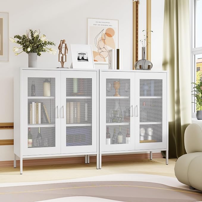 Metal Storage Cabinet with Mesh Doors, Steel Display Cabinet with Adjustable - Image 4