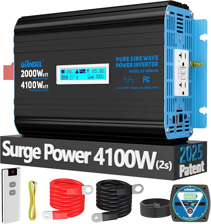 GIANDEL 2000 Watt Pure Sine Wave Power Inverter 12V DC to 120V AC, 4100W Surge by GIANDEL