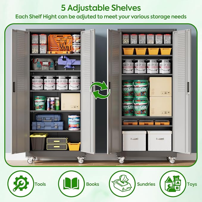 Garage Storage Cabinet with Pegboard and 5 Adjustable Shelves, Tool Storage - Image 5