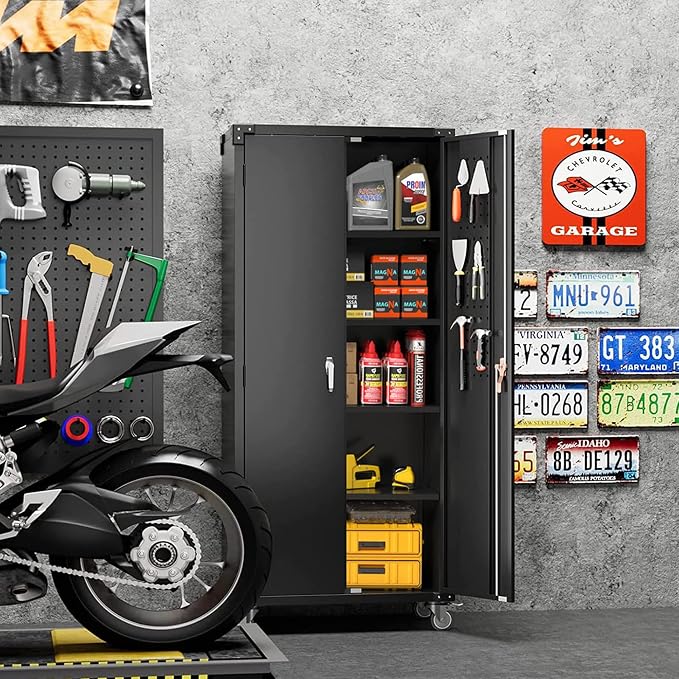 Garage Storage Cabinet with Wheels & Pegboard, Assembly Required - Image 2