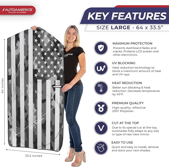 Autoamerics 1-Piece Windshield Sun Shade Gray Camo American Flag USA Design - Image 2