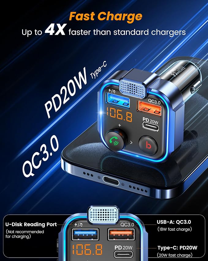 LENCENT FM Transmitter in-Car Adapter, Type-C PD 20W+ QC3.0 Fast USB Charger - Image 5