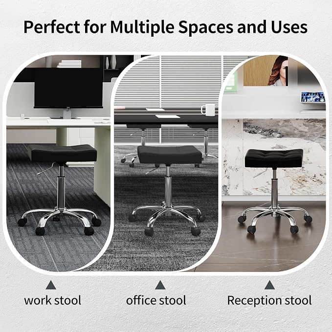 Office Stool with Wheels Black Faux Leather Workbench Stool - Image 6