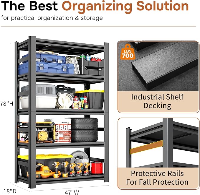 47" W Garage Shelving 3800Lbs Storage Shelves Heavy Duty 5 Tier Adjustable - Image 2