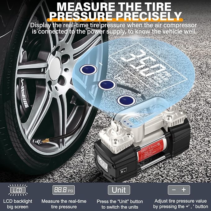GSPSCN Digital Tire Inflator, Portable Toolbox 12V Air Compressor Pump Heavy - Image 4
