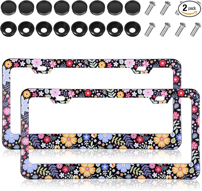 Flower License Plate Frame 2 Pcs Personalized Colorful Floral License Plate by Yolev