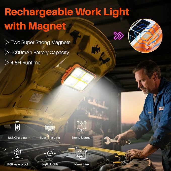 LED Solar Work Light with Magnetic, 5 Lighting Modes, IP66 Waterproof, Long - Image 2