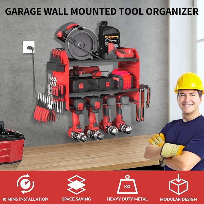 Power Tool Organizer Wall Mount – Adjustable Shelf, Side-Mounted 4-Outlet - Image 2