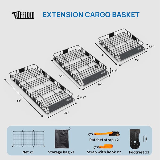 TUFFIOM 84"x 39"x 6" Universal Rooftop Cargo Carrier Basket, Extendable Steel - Image 3