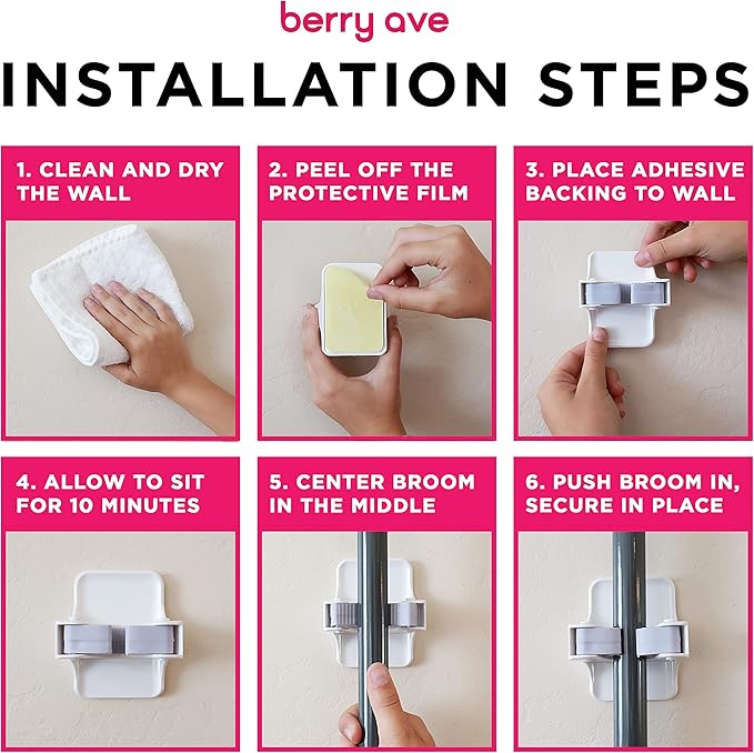 Combo 5 Slot Broom Holder w/ 1 Self Adhesive Mop Gripper No-Drilling, Wall - Image 6