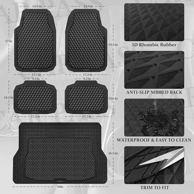 CAR PASS Black Rubber Car Floor Mats & Cargo Liners, Durable Anti-Slip 3D - Image 4