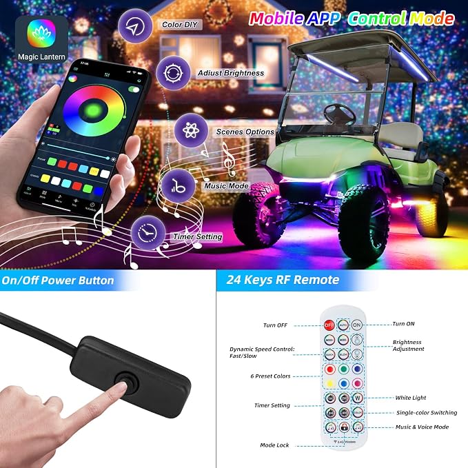 Roykaw Golf Cart Underglow LED Strip Lights Accent Neon Lighting Kit w/Canopy - Image 5