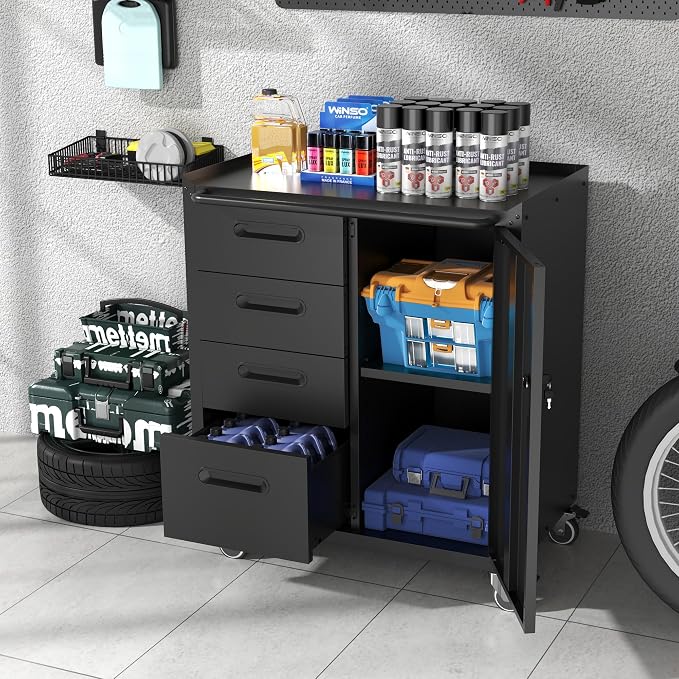 Metal Storage Cabinet with Wheels, Garage Cabinet with 1 Door and 4 Drawers - Image 2