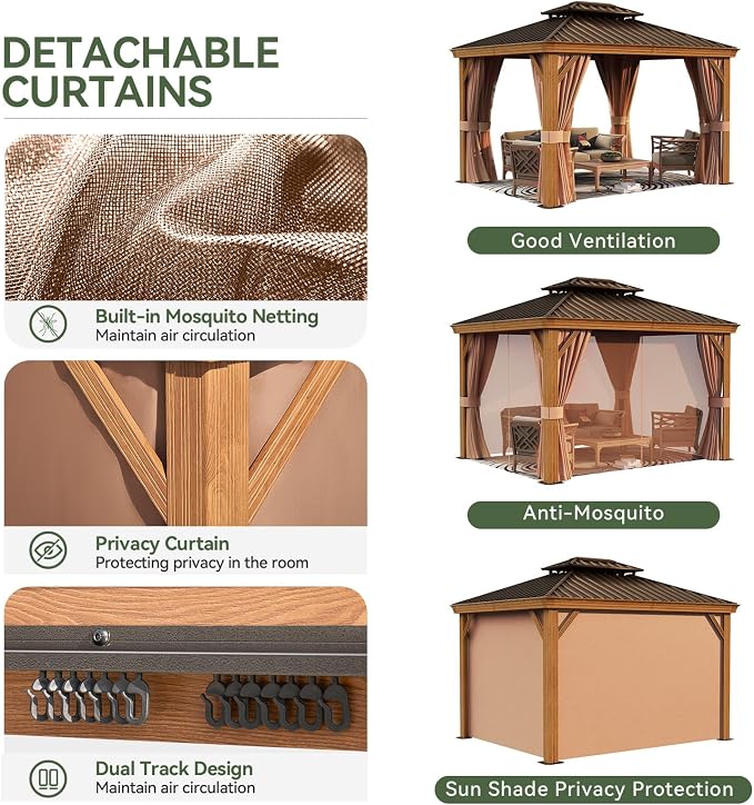 Aoxun 10' x 12' Hardtop Gazebo, Wooden Finish Coated Aluminum Frame Canopy - Image 8