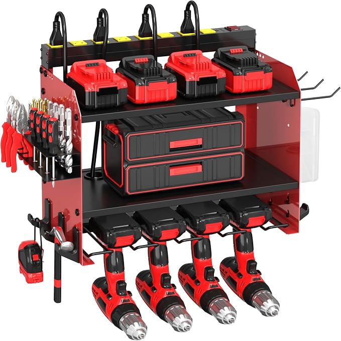 Power Tool Organizer Wall Mount wtih Charging Station, 4 Drill Holder Wall Mount by CFMASTER